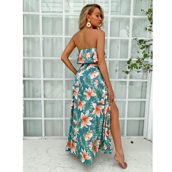 Strapless Floral Maxi Dress Tropical Print - Picture 2 of 5